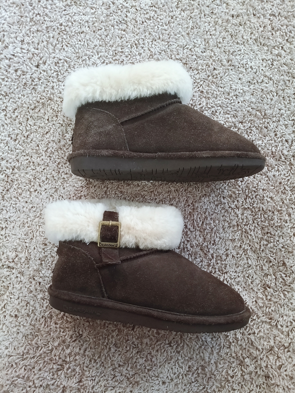 BearPaw Brown Suede Ankle Booties with Cream‎ Faux-Fur Cuff
